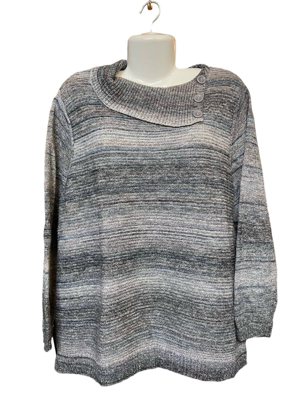 CJ Banks Women's Marled Blue/Grey Cowl Neck W/Buttons Pullover Sweater Size 1X